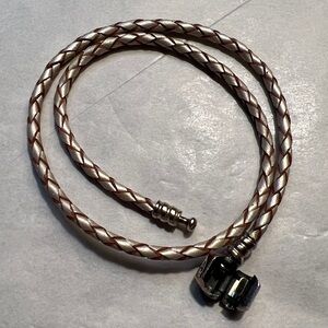 Pandora Double Champagne White Leather Bracelet w Sterling Silver Barrel